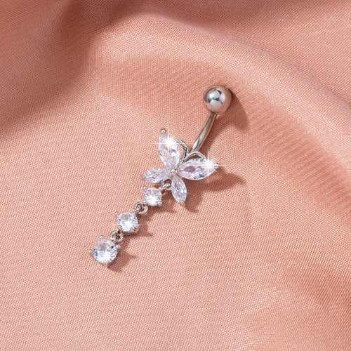 Butterfly dangle belly button ring crystal charm navel bar