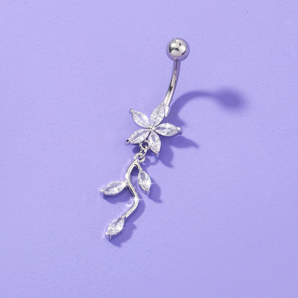 Flower vine crystal climbing belly button ring navel bar