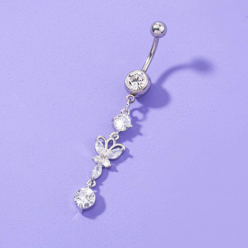 Butterfly crystal dangle belly button ring navel piercing