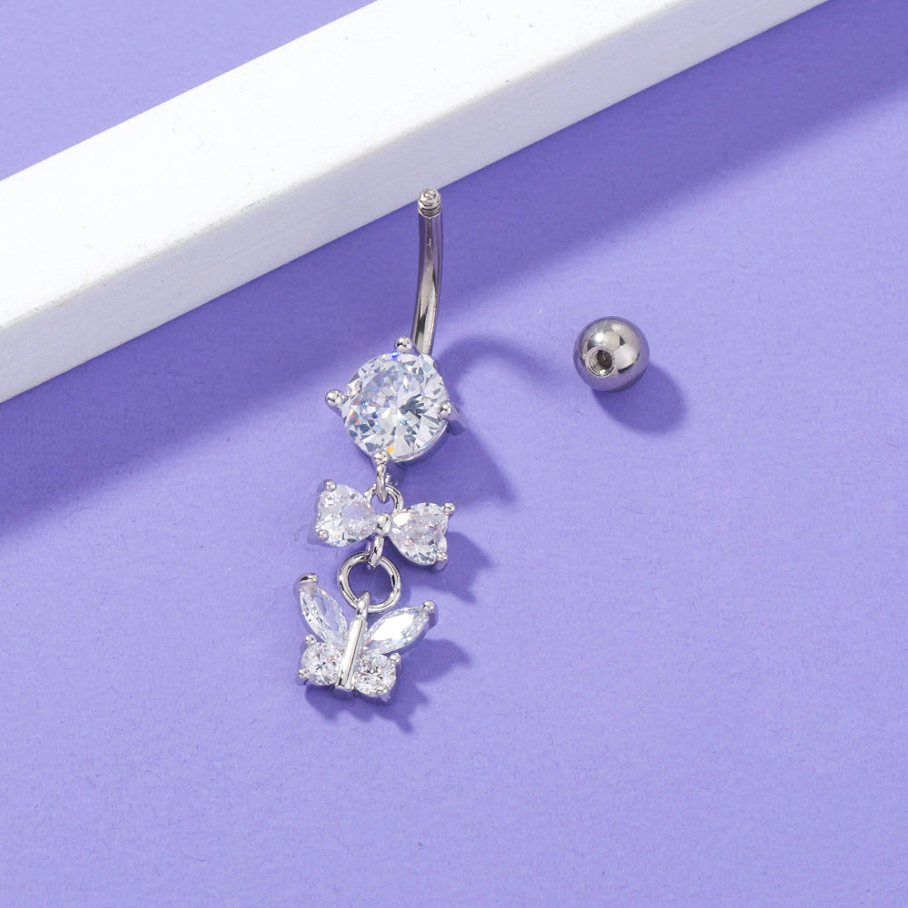 Butterfly and bow belly button ring surgical steel navel bar - view 2