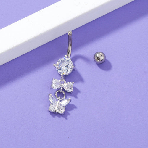 Butterfly and bow belly button ring surgical steel navel bar - view 2