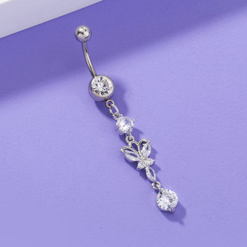 Butterfly crystal dangle belly button ring navel piercing - view 2