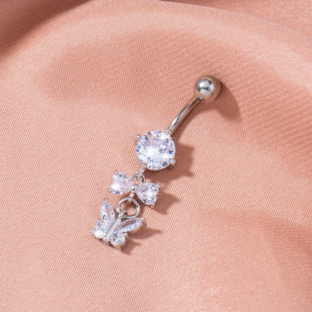 Butterfly and bow belly button ring surgical steel navel bar - view 3