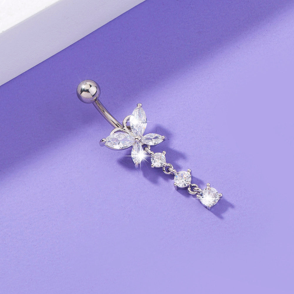 Butterfly dangle belly button ring crystal charm navel bar - view 4