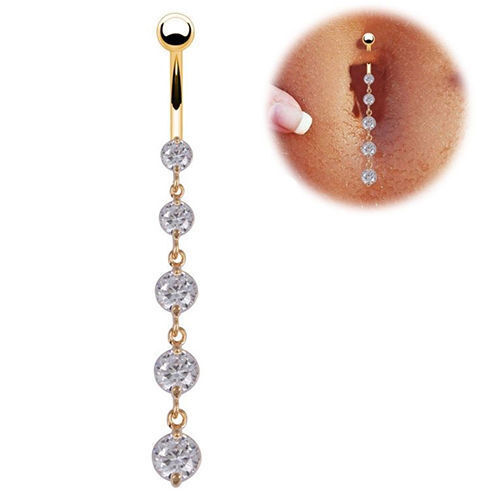 Gold Crystal Chain Belly Button Ring — Tassel Dangle Navel Bar