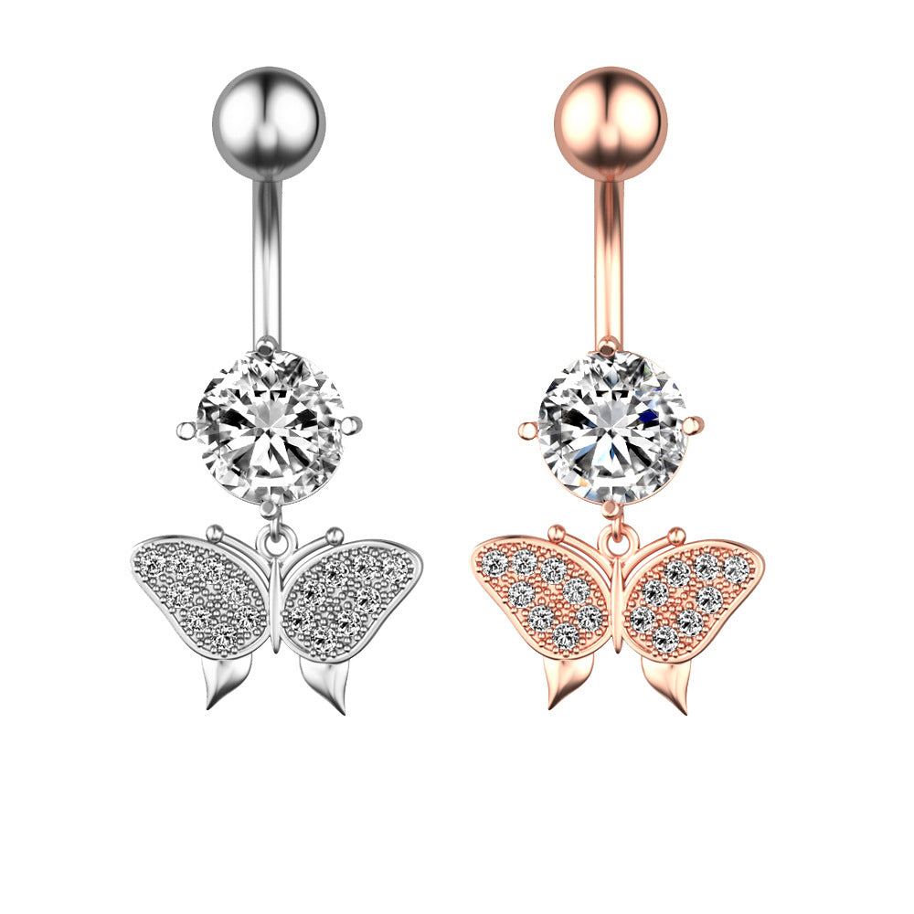 Butterfly Charm Belly Button Ring — Delicate Crystal Navel Bar