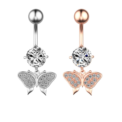Butterfly Charm Belly Button Ring — Delicate Crystal Navel Bar