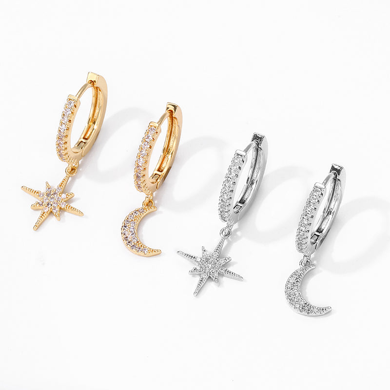 Star & Moon Asymmetric Earrings — Celestial Drop Earring Set