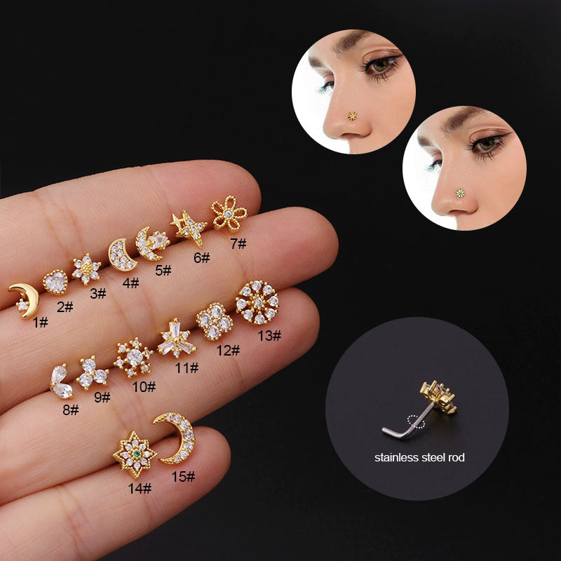 Zircon Crystal Nose Stud — L-Shape Sparkling Nose Piercing