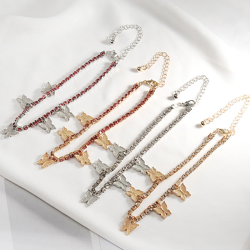 Rhinestone Butterfly Cuban Link Anklet — Crystal Ankle Bracelet