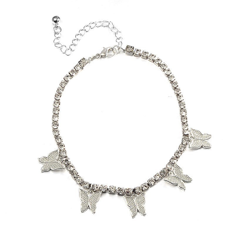 Rhinestone Butterfly Cuban Link Anklet close-up detail